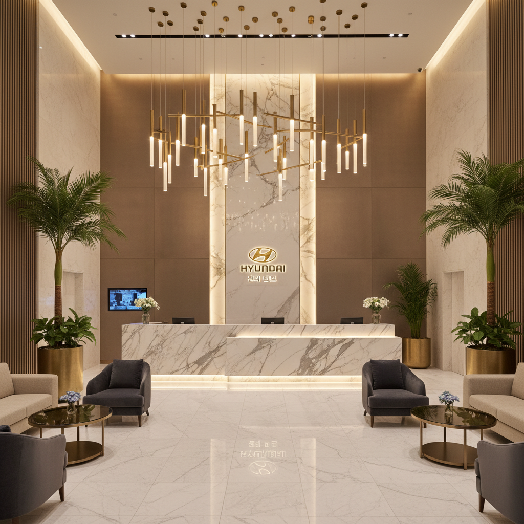 현대적인 디자인의 고급스러운 호텔 로비, 대리석 리셉션 데스크와 따뜻한 조명이 어우러진 우아하고 전문적인 분위기