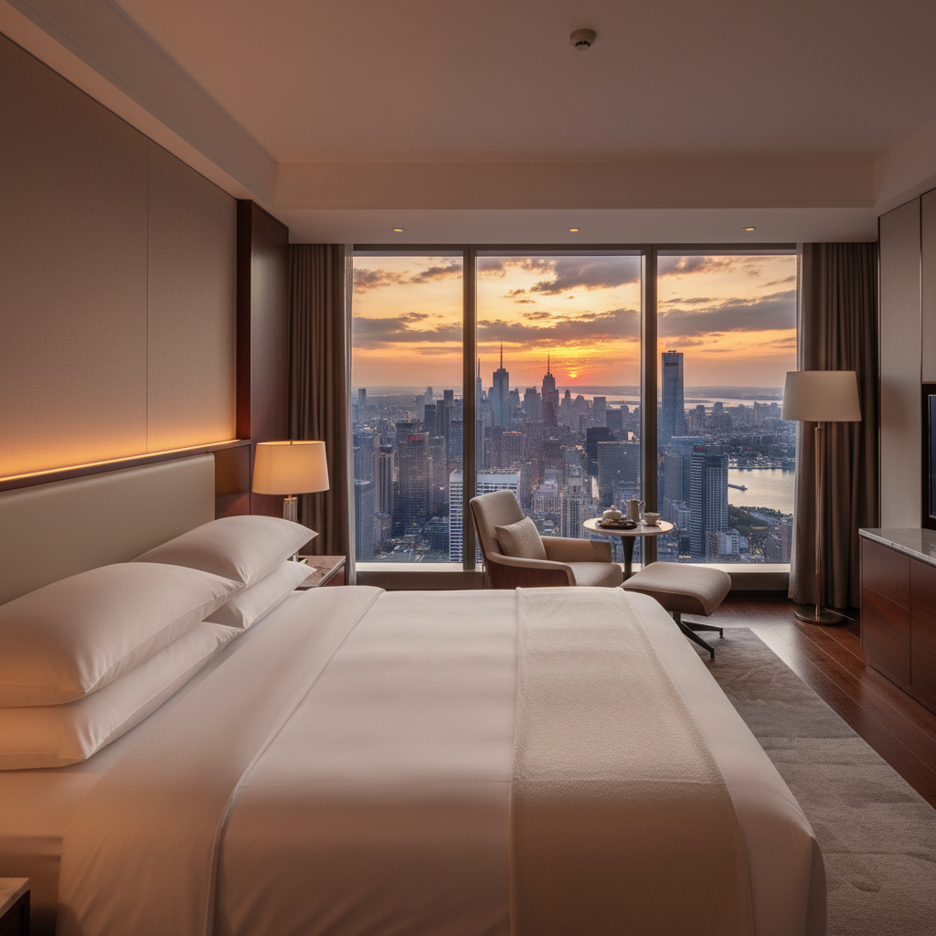 노을이 지는 도시의 스카이라인이 한눈에 들어오는 커다란 통창을 배경으로 한 고급 호텔 스위트룸의 깔끔한 침구