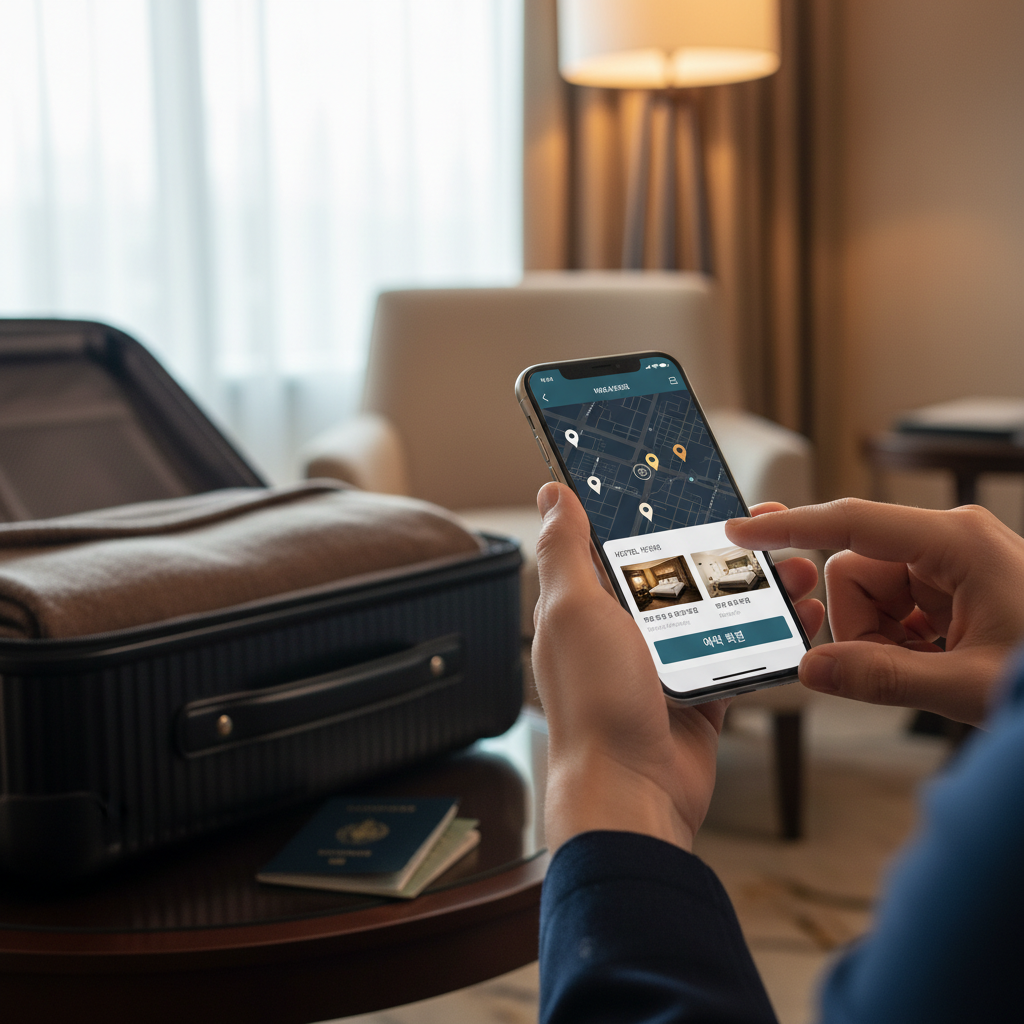 스마트폰으로 호텔 예약 앱을 조작하는 손, 배경에는 여행 가방과 아늑한 실내 분위기가 흐릿하게 연출된 모습