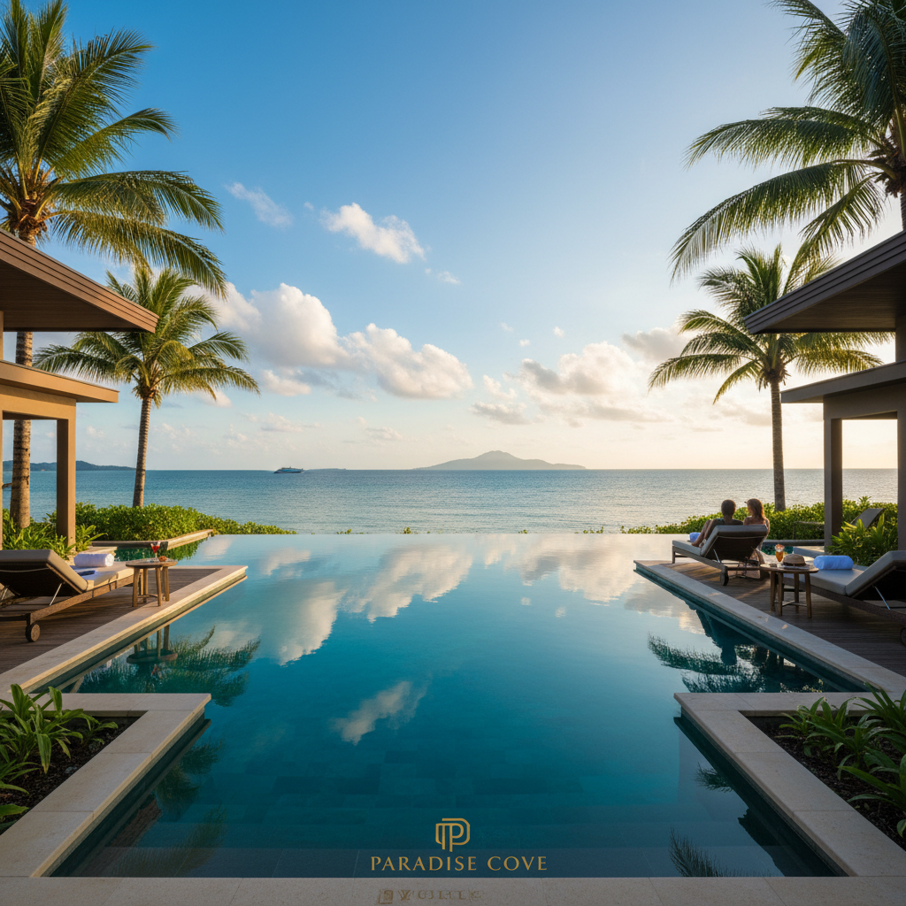 에메랄드빛 바다가 내려다보이는 열대 휴양지의 럭셔리한 인피니티 풀, 맑은 하늘과 야자수가 어우러진 풍경