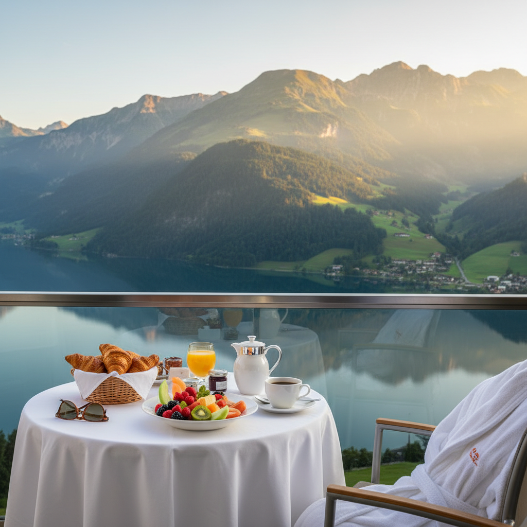 호텔 발코니에서 즐기는 정갈한 조식 서비스, 갓 구운 크로와상과 신선한 과일, 커피 뒤로 펼쳐진 아름다운 산맥 전망