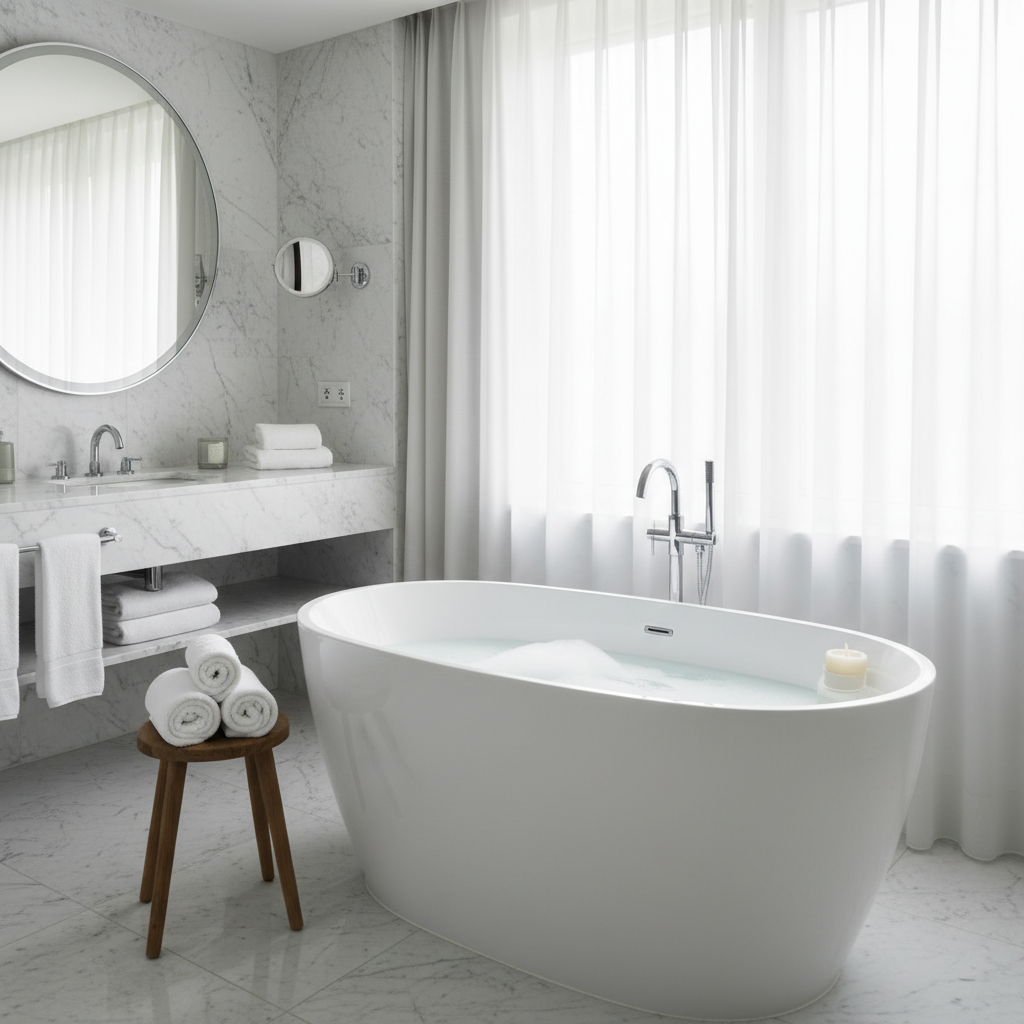 화이트 마블 인테리어의 세련된 호텔 욕실, 독립형 욕조와 깔끔하게 정리된 흰색 수건이 주는 청결하고 안락한 느낌