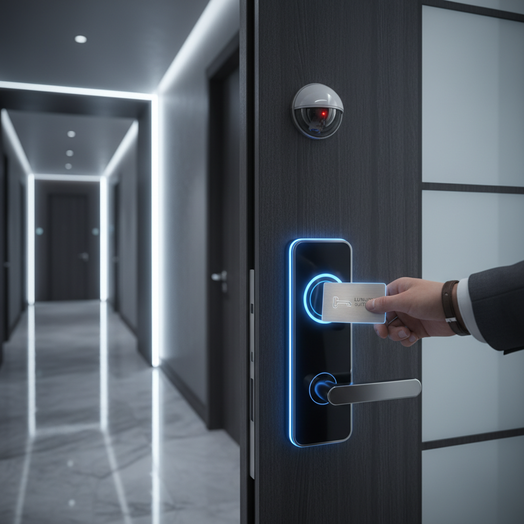 최첨단 도어락에 카드키를 대고 있는 여행객의 손, 현대적인 호텔 복도와 보안 시스템을 강조한 근접 촬영