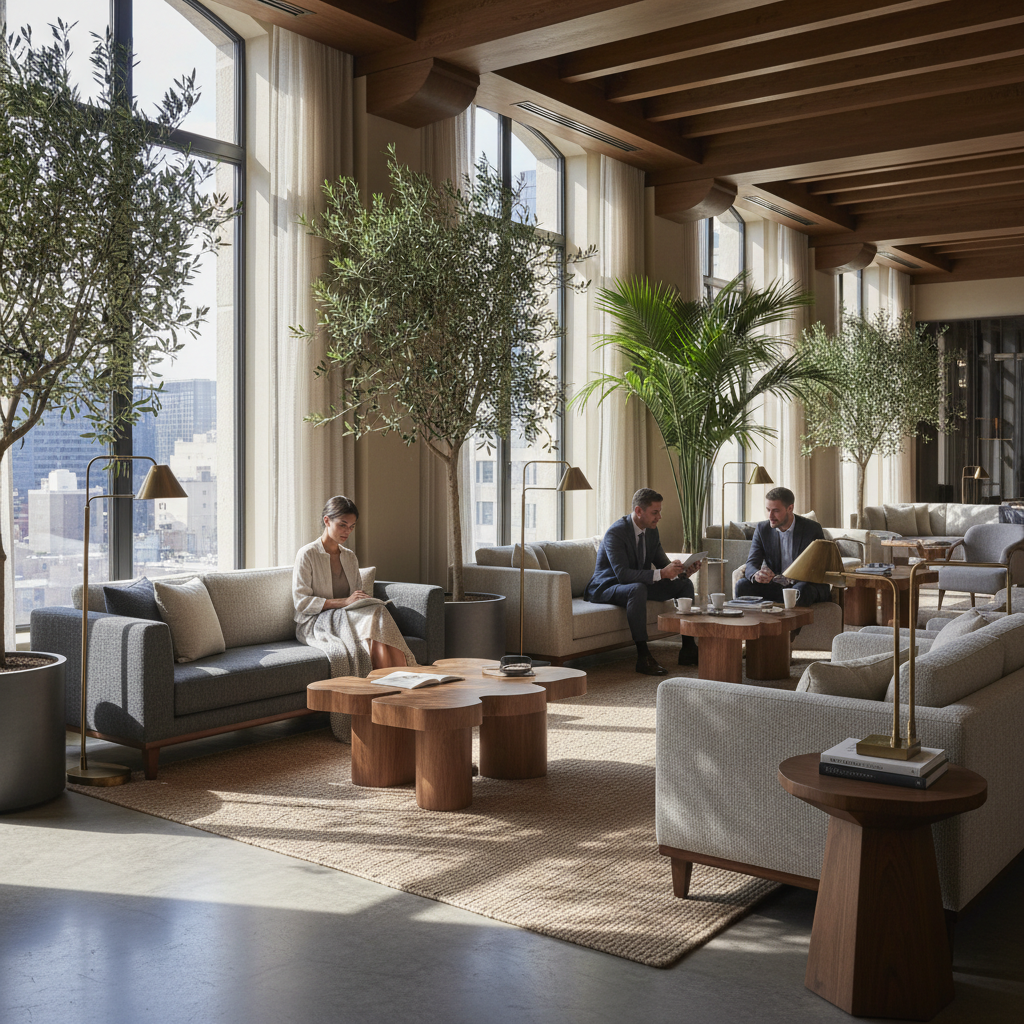 자연광이 들어오는 호텔 라운지의 세련된 소파와 디자인 가구, 비즈니스 미팅이나 휴식에 적합한 고품격 공간